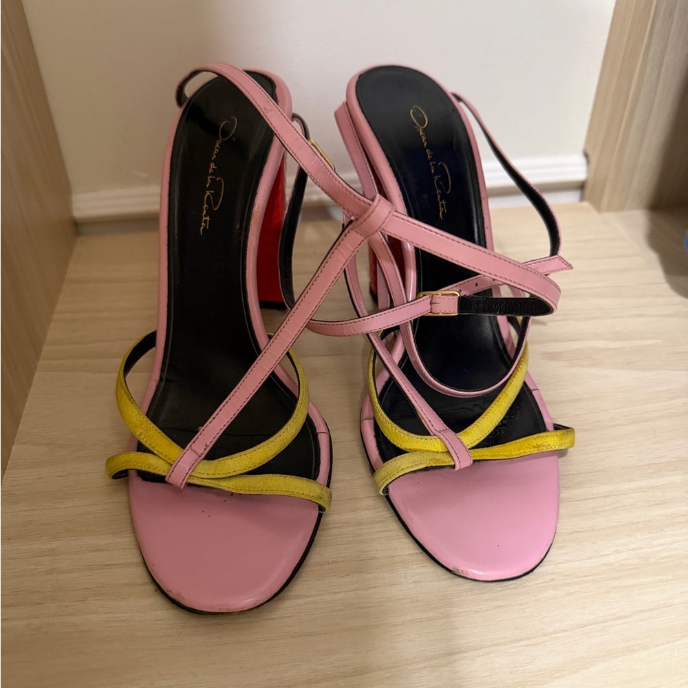 Oscar de la Renta Pink and Yellow Strappy Heels